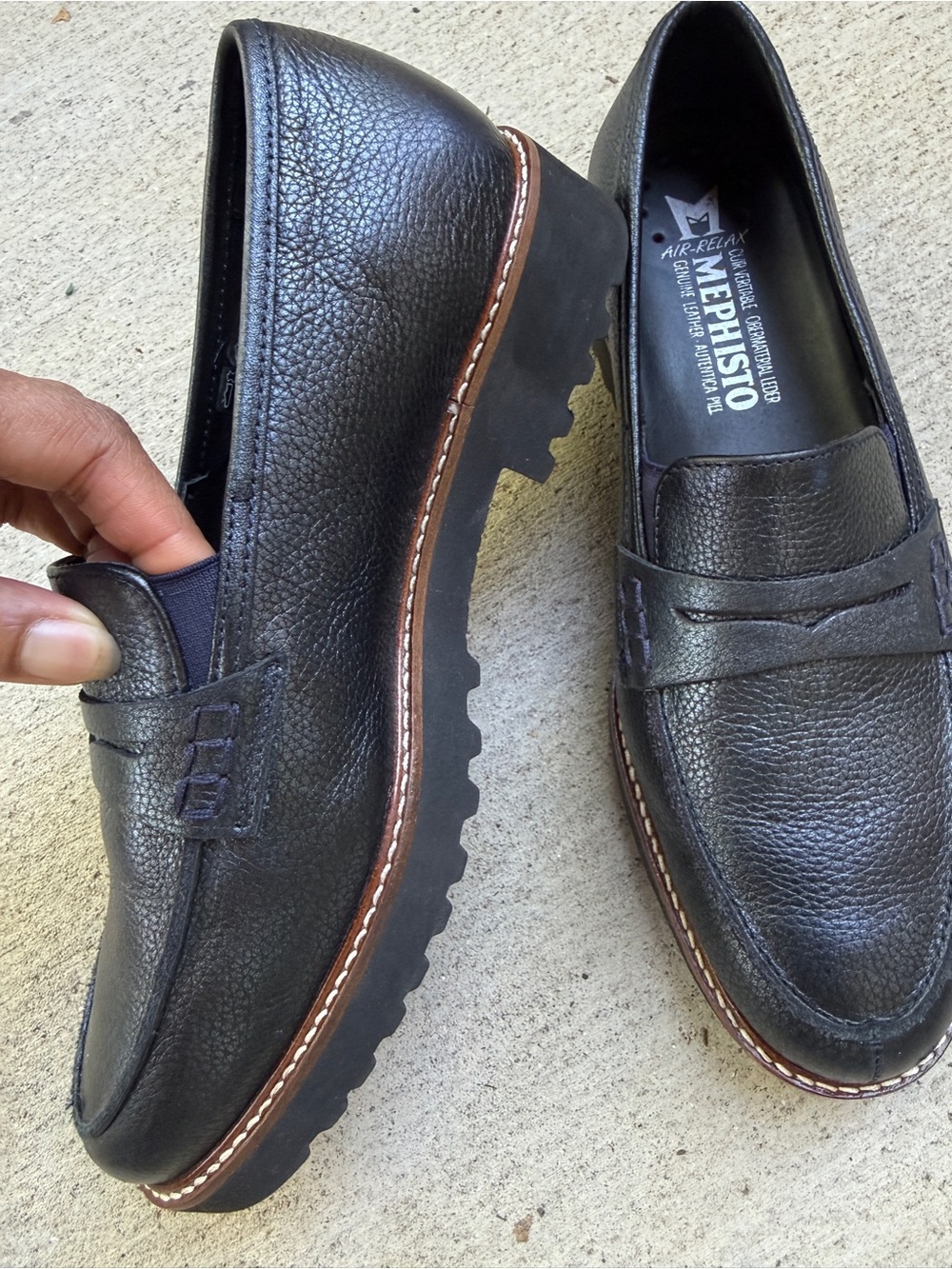 Mephisto Black Leather Penny Loafers with Brown Trim Made in France